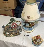 Overall view of all three items: lamp, large music box, small music box