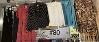 Six garments hanging: black dress, pink dress, polka-dot blouse, white blouse, aqua blouse, animal print blouse