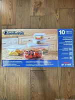 Front of sealed GlassLock 10-piece tempered glass food storage set box