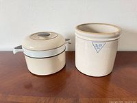 Front view showing both Denby pot and LB Co crock