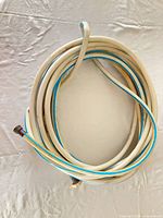 Coiled white vinyl hose with blue stripe and brass connectors
