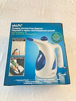 Front of box showing shift3 portable wrinkle-free steamer