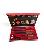 Open box displaying five knives and peeler in red insert