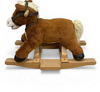 Full side view of plush rocking horse on plastic rocker base