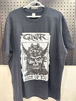 Full view of front of t-shirt on hanger showing graphic and overall condition