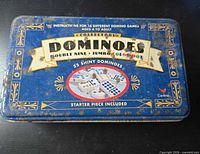 Top of blue Cardinal dominoes tin showing product information
