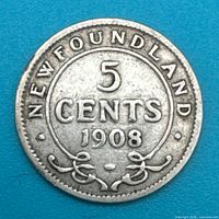 Reverse side showing NEWFOUNDLAND 5 CENTS 1908 legend