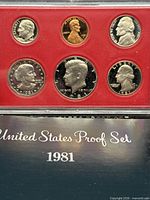 Close view of 1981 proof set showing six coins in red insert