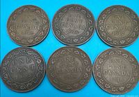 Six Canadian large cent coins arranged, dates visible