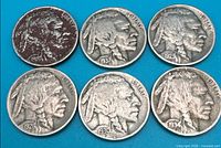 Six Buffalo nickels obverse view arranged in two rows