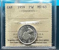 Obverse of 1959 Canadian quarter in ICCS holder