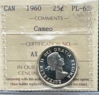 Obverse of 1960 Canada quarter in ICCS holder showing grade and comments
