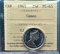 ICCS holder front showing 1965 silver 25¢ obverse and grade PL-65