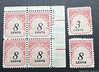 Front view of block of 4 with plate number and two singles (3¢ and 8¢)