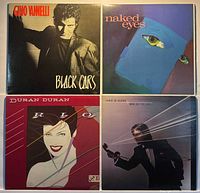 Group shot of four LP album covers: Gino Vannelli Black Cars, Naked Eyes, Duran Duran Rio, Chris De Burgh Man on the Line