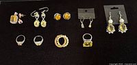 Full layout of pendants, earrings, rings and brooch on black background