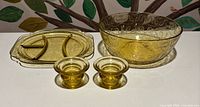 Full lot: bowl, divided plate, two candleholders
