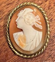 Front view of cameo brooch showing carved profile and gold rope frame