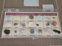 Closed display case showing all 20 labelled stones