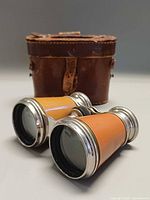 opera glasses front view beside case