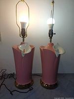 Both lamps lit and unplugged on floor showing working condition and design