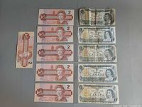 Overview of all $1 and $2 Canadian banknotes in lot