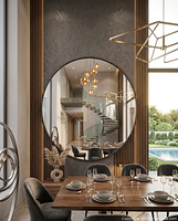 Round black-framed wall mirror shown in dining room render