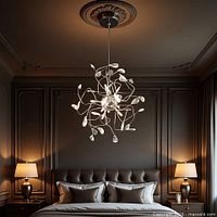 Chandelier hanging above bed showing full design