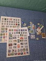 Overview showing two filled Canada album pages, loose stamps and plastic sleeves