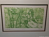 Close view of green etching showing title, edition, signature