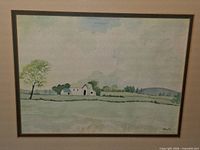 Full view of framed watercolor landscape