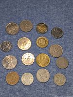 All 16 coins laid out, obverse and reverse visible for many