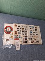 Album pages with multiple mounted stamps and packet of loose stamps