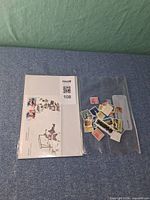 Lot overview showing First Day Cover and bag of loose stamps