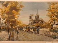 Close-up of artwork showing Notre Dame scene