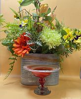 Arrangement, metal planter, and glass compote full view