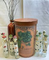 Group shot showing vase, parsley storage box and 9 spice bottles