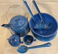 Full 11-piece blue speckled enamelware set