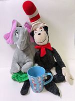 Cat in the Hat plush, Horton plush, blue Cat in the Hat mug grouped