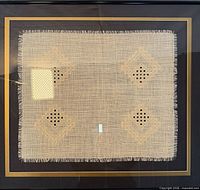 Front view of framed Hardanger embroidery showing textile, mat and frame