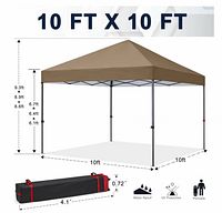 Rendered image showing assembled khaki 10×10 ft canopy with dimensions and carry bag