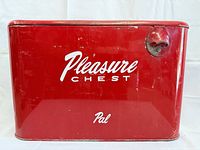 Front view showing red exterior, white branding and bottle opener