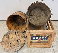 Group shot showing crate, two baskets, lid