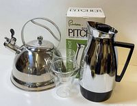 Overall lot with kettle, insulated pitcher, two cups and pitcher box