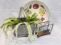 Group shot showing planter with florals, Williams Sonoma bowl, Mason napkin holder