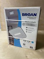 Front of sealed Broan ventilation fan box showing model specs