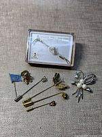 overview showing boxed stock pin, brooches and stick pins