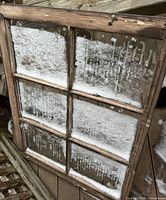 6-pane wood window sash showing weathered frame and glass