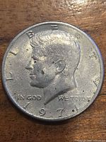Obverse of 1971 Kennedy half dollar showing portrait, LIBERTY, date