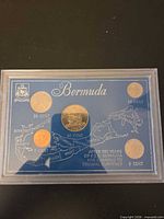Front view of sealed blue holder showing all five 1983 Bermuda coins